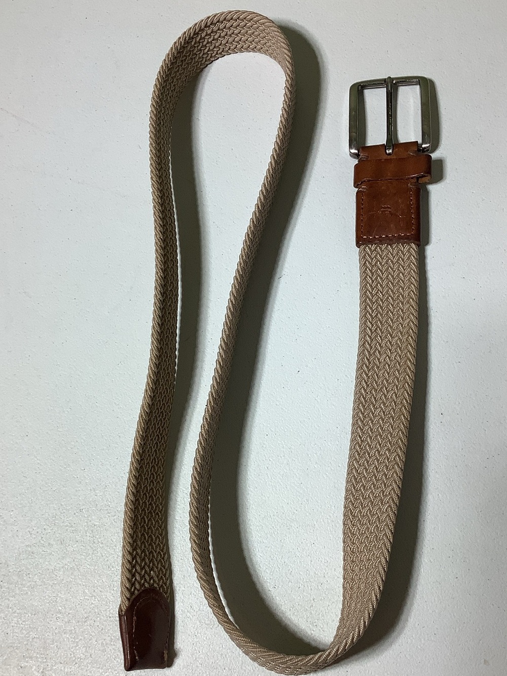 Tommy Bahama tan woven belt with brown leather trim